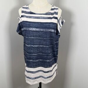 Zenergy by Chicos Womens 1 M 8 Cold Shoulder Top Blue White Striped Short Sleeve